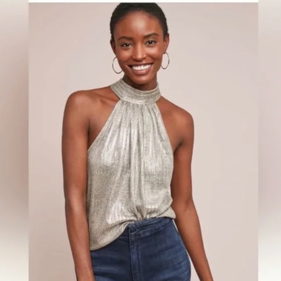 Anthropologie Tops - Maeve Metallic Silver Bow Tie Chic Classy Elegant Minimal Party Classic Halter